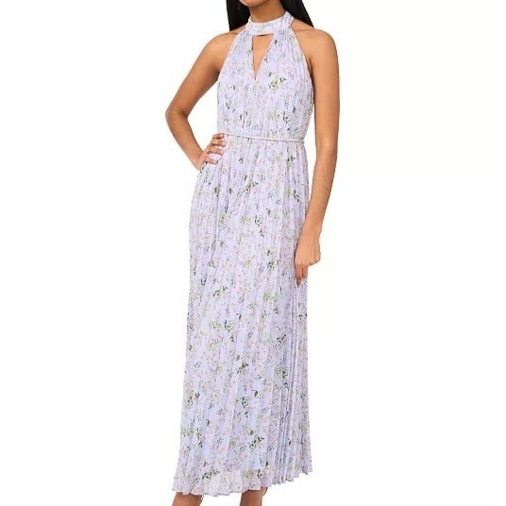 CeCe Pleated Floral Print Keyhole Cutout Belted Periwinkle Dress Womens Size M